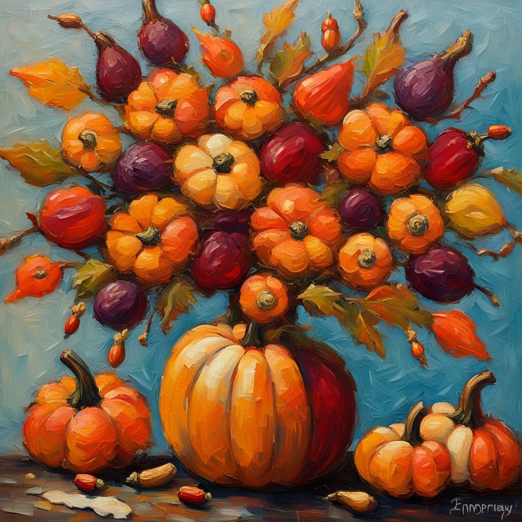Impasto Autumn Vase with Pumpkins and Flowers