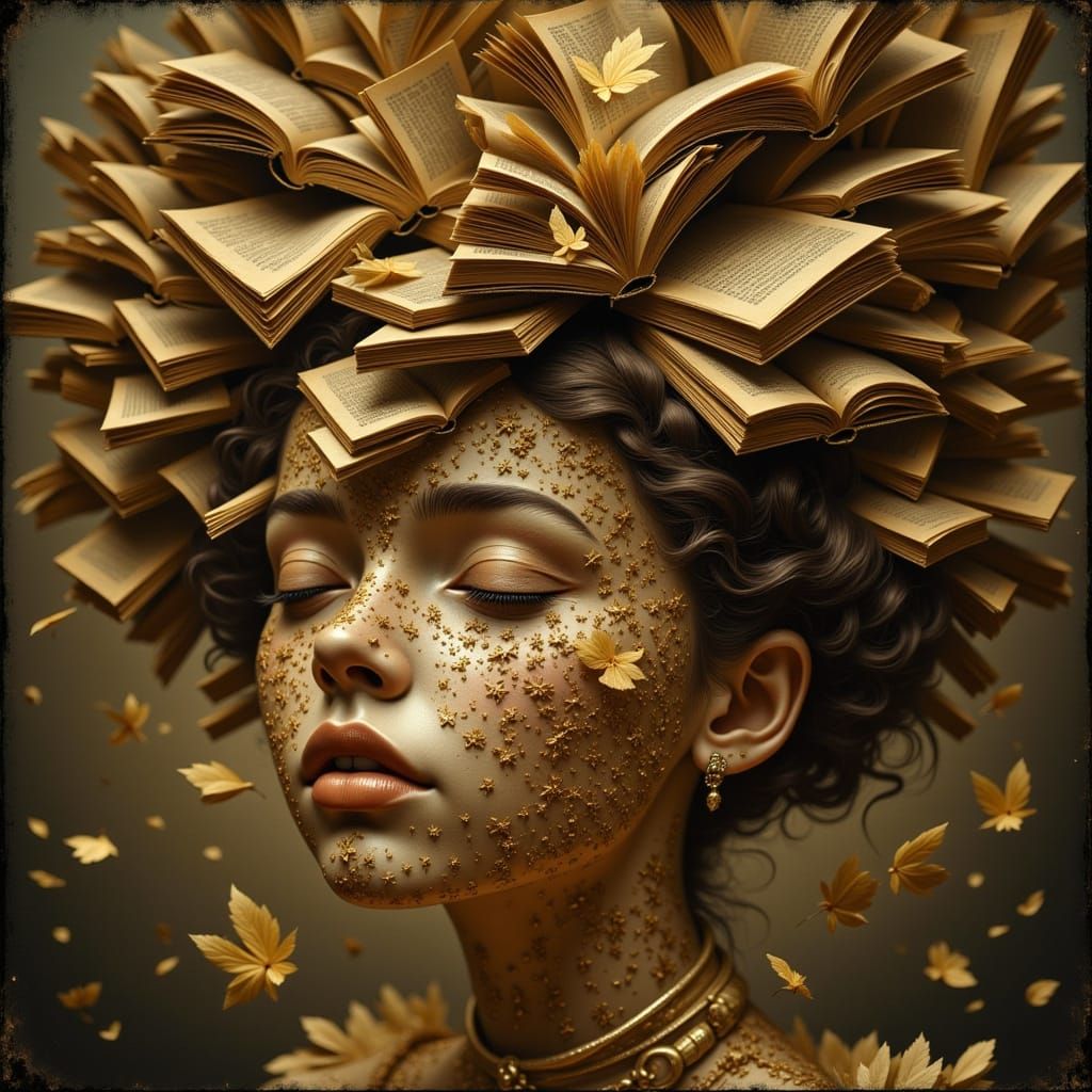 Girl's Head Overflowing with Literary Tomes in a Mystical Di...