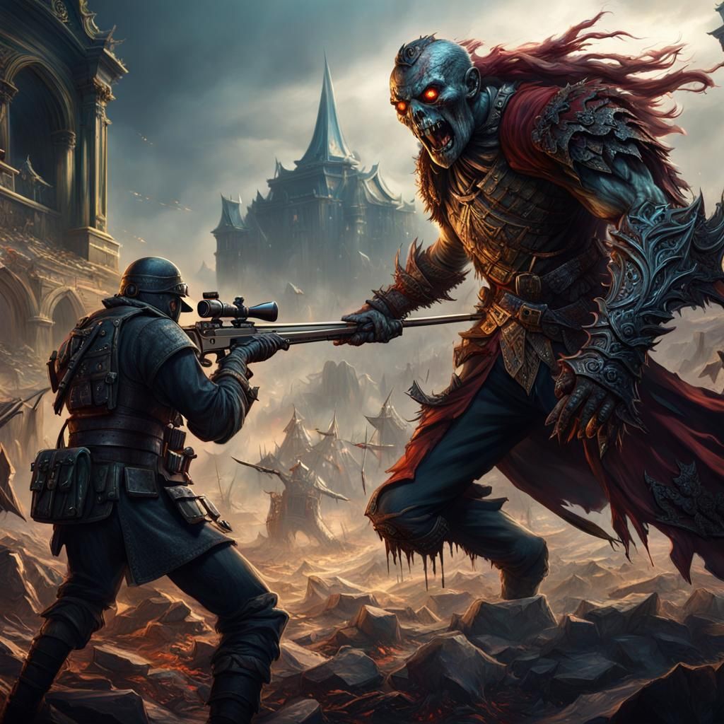 Sniper vs Zombie King: Detailed Fantasy Art