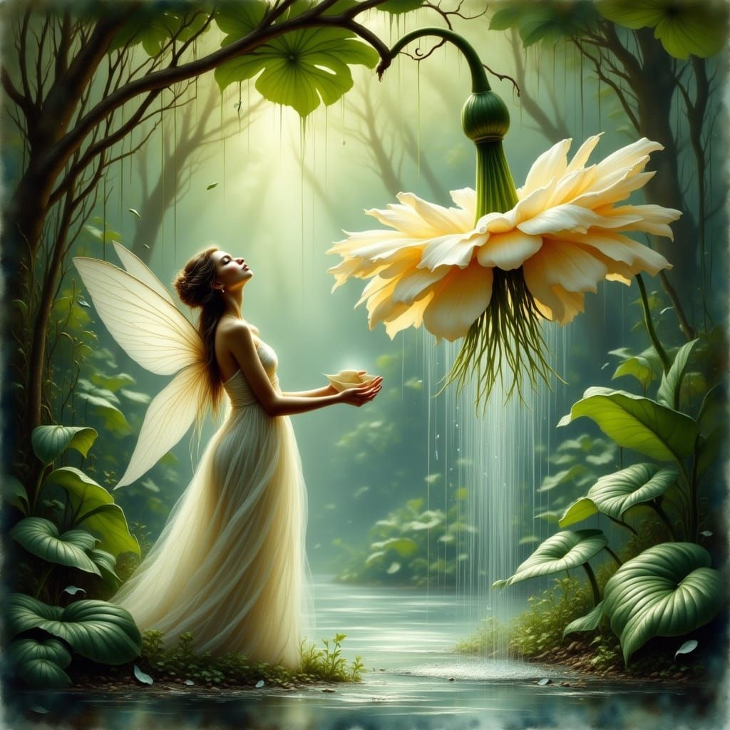 Serene Watercolor Fairy Amidst Majestic Blooms