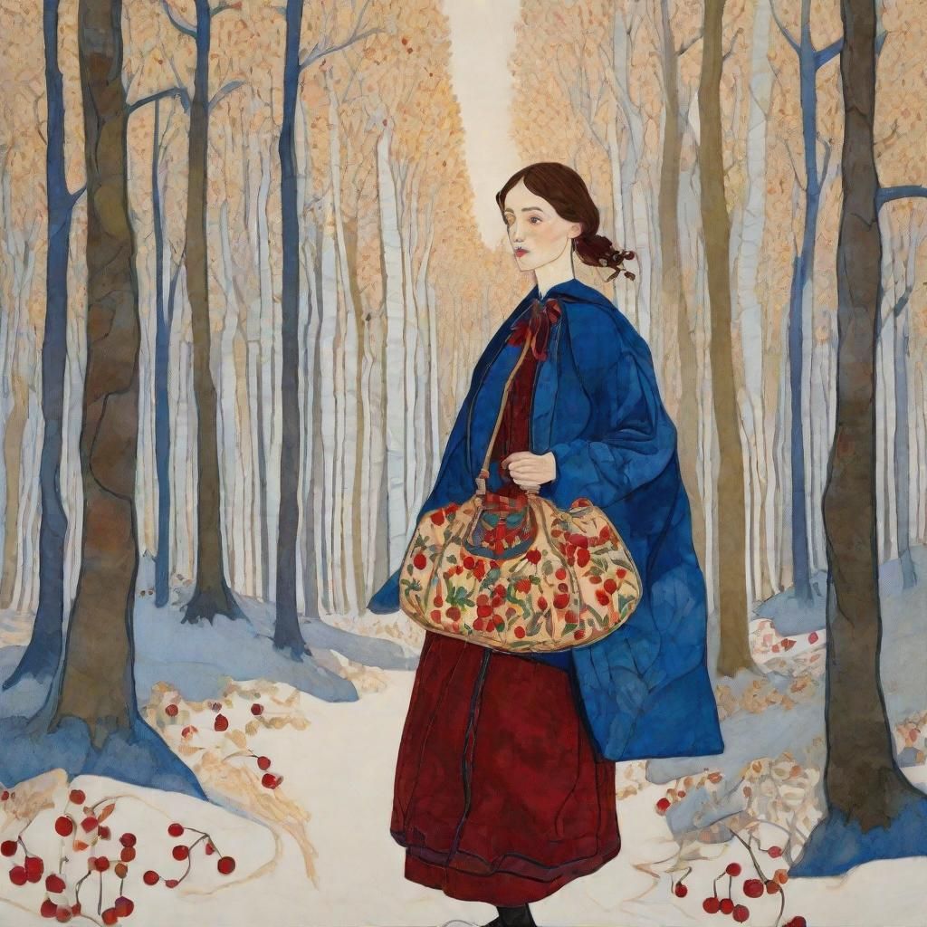 Mystical Woman with Cranberry Bag: Symbolist Illustration
