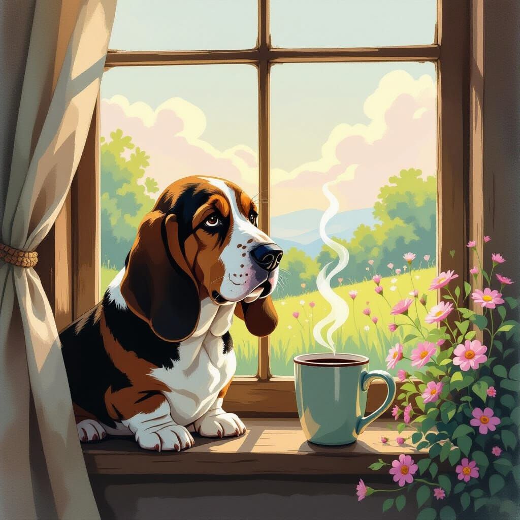 Basset Hound by Window with Ethereal Landscape Gouache Paint...