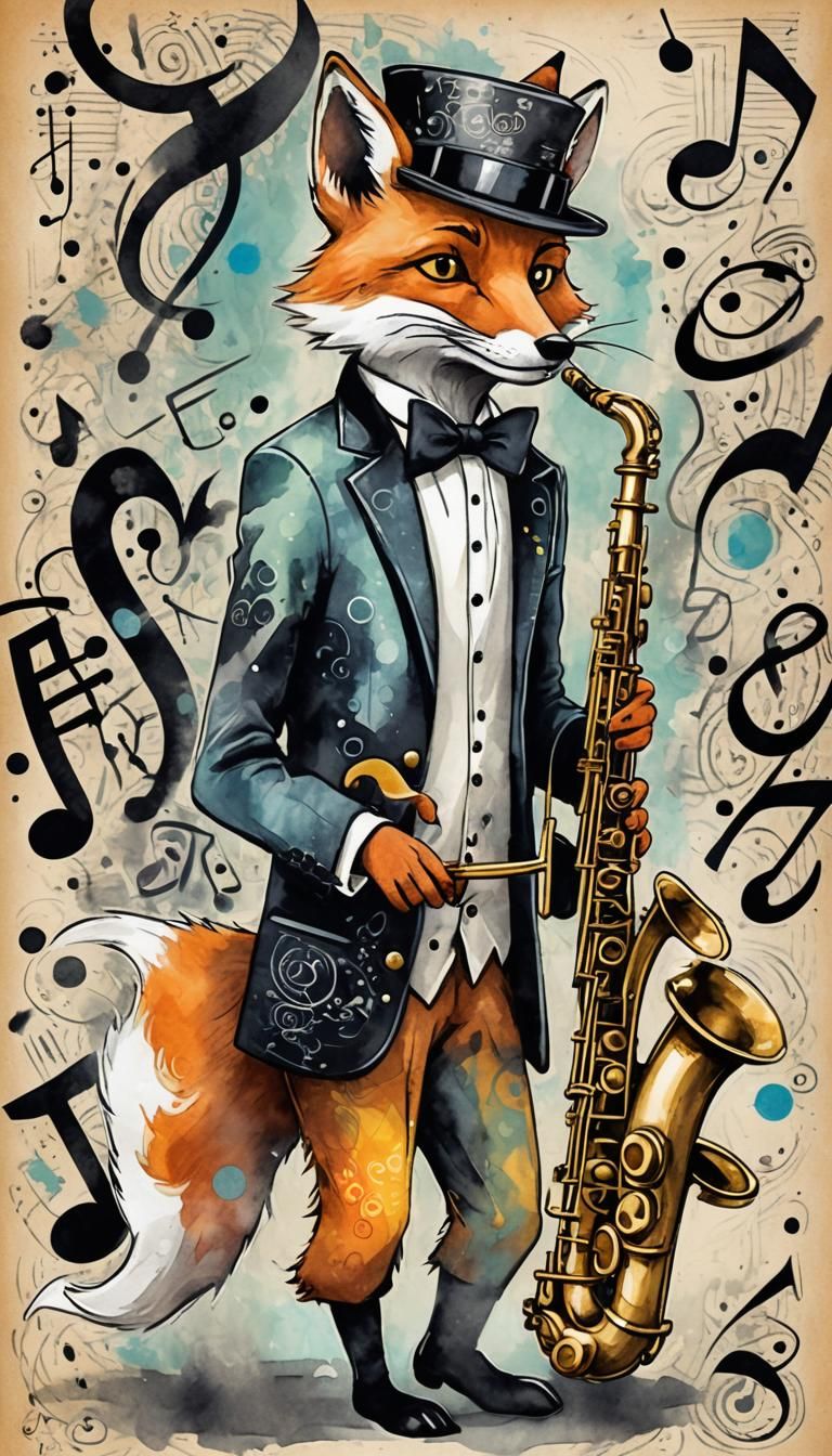 Surreal Jazz Scene with Zoot Suit Fox in Watercolor