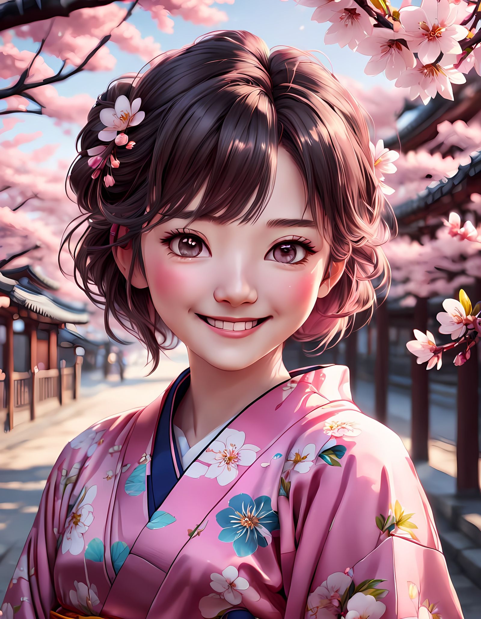 Anime Portrait of a Smiling Woman in a Sakura Blossom Kimono