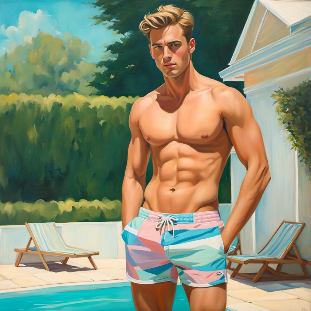 Pastel Painting of a Young Man by a Pool
