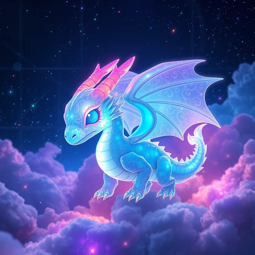 Ethereal Chibi Dragon Radiates Opalescent Light in Starry Ni...