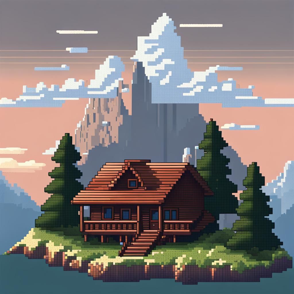Pixel Art Cabin on Mountain Top