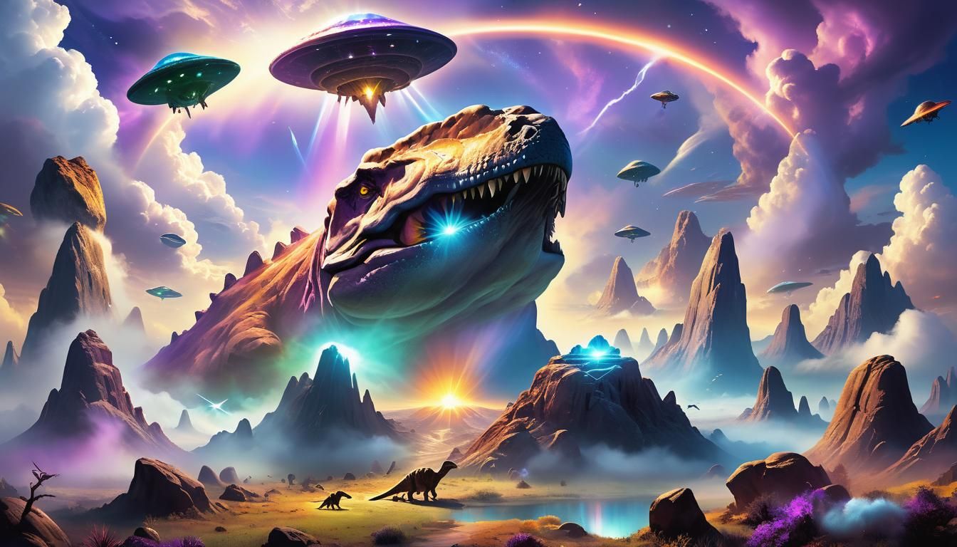 Surreal Glowing Rock Surrounded by UFOs and Dinosaurs