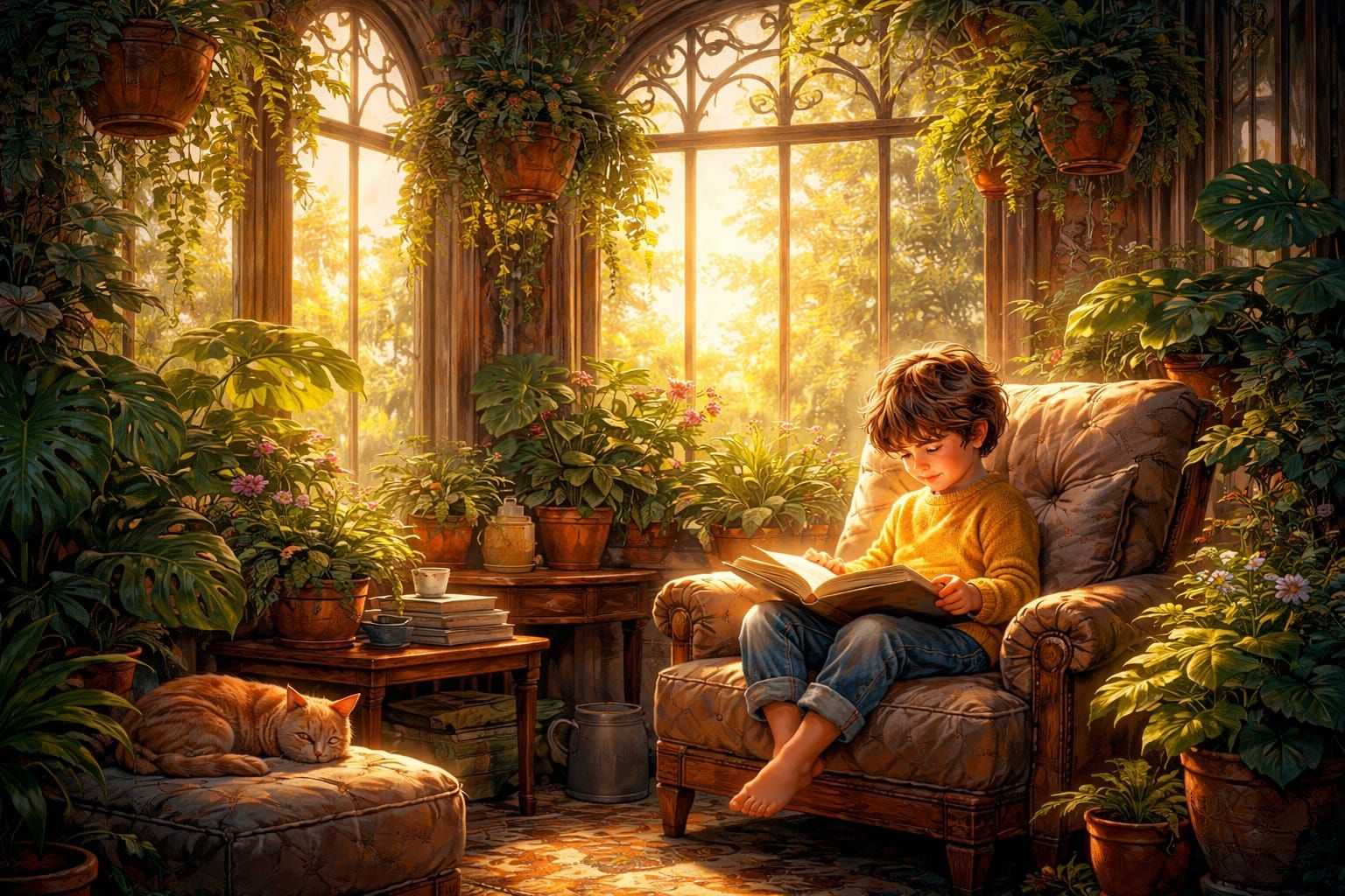 Child Reading in Sunlit Solarium, Lush Greenery