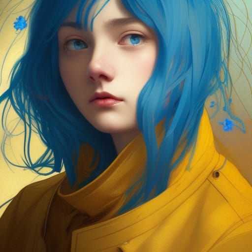 Blue-Haired Woman in Yellow Raincoat: Art Nouveau Portrait