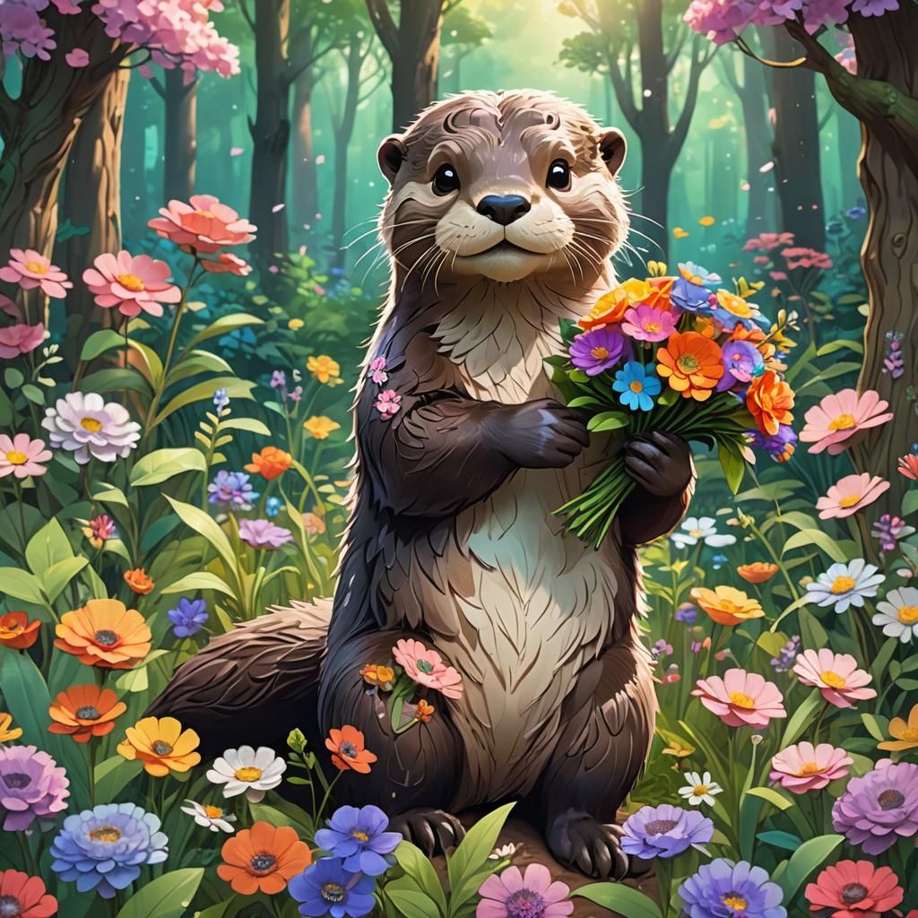 Otter Holding Flowers in Forest Glade: 3D Anime Art