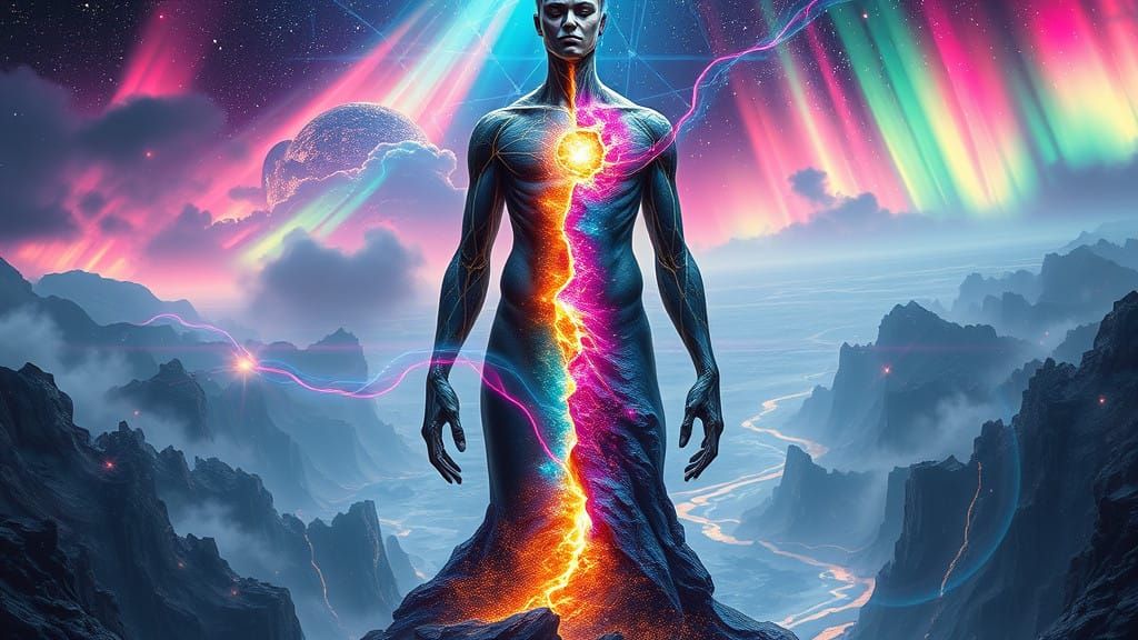 Cosmic, Androgynous Figure Radiates Intense Energy Amidst Vi...