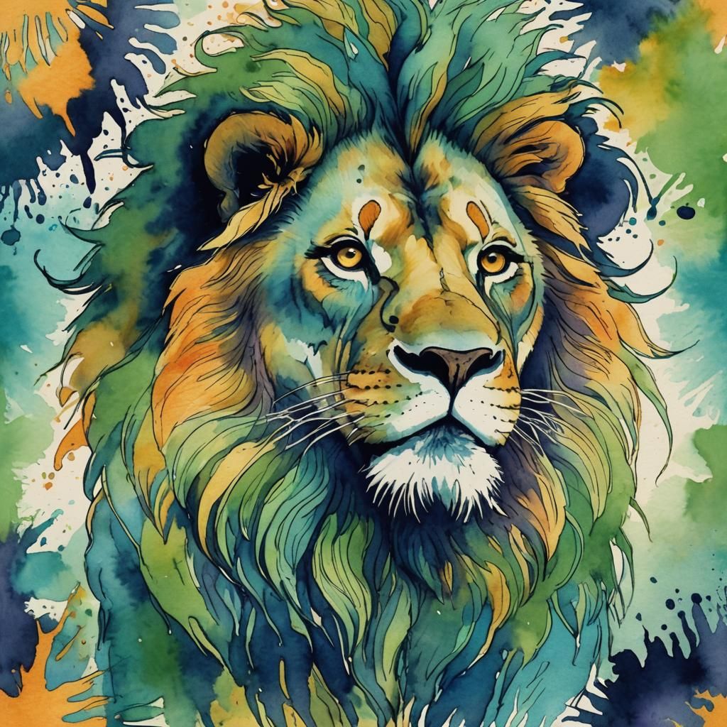 Whimsical Watercolor Lion in Blue and Green