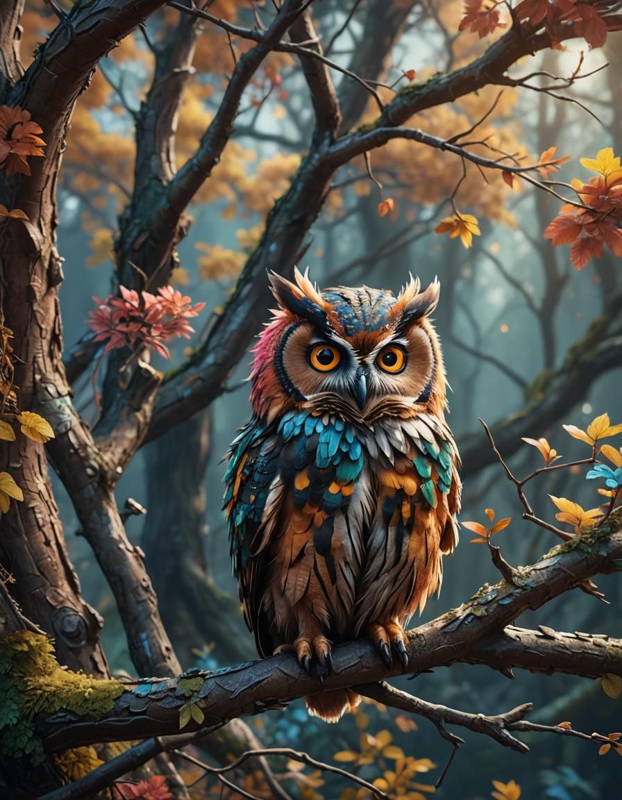 Colorful Fluffy Owl on Branch: Fantasy Art