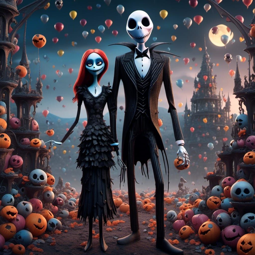 Jack Skellington and Sally in Pastel Horror Style