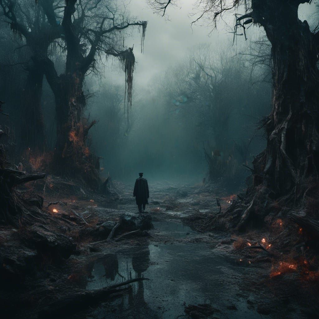 Macabre Wasteland: Detailed Matte Painting of Solitary Man