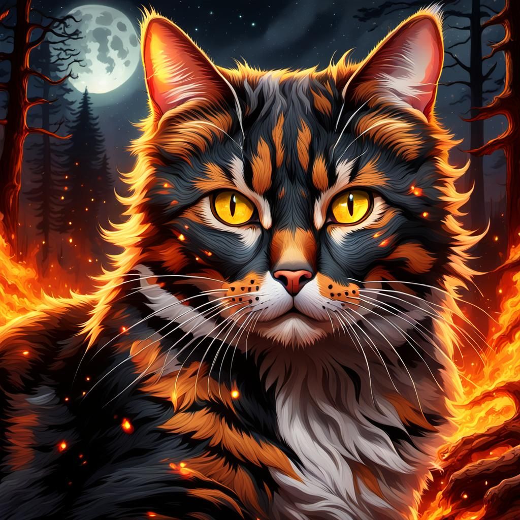 Calico Cat in Burning Forest, Fantasy Concept Art