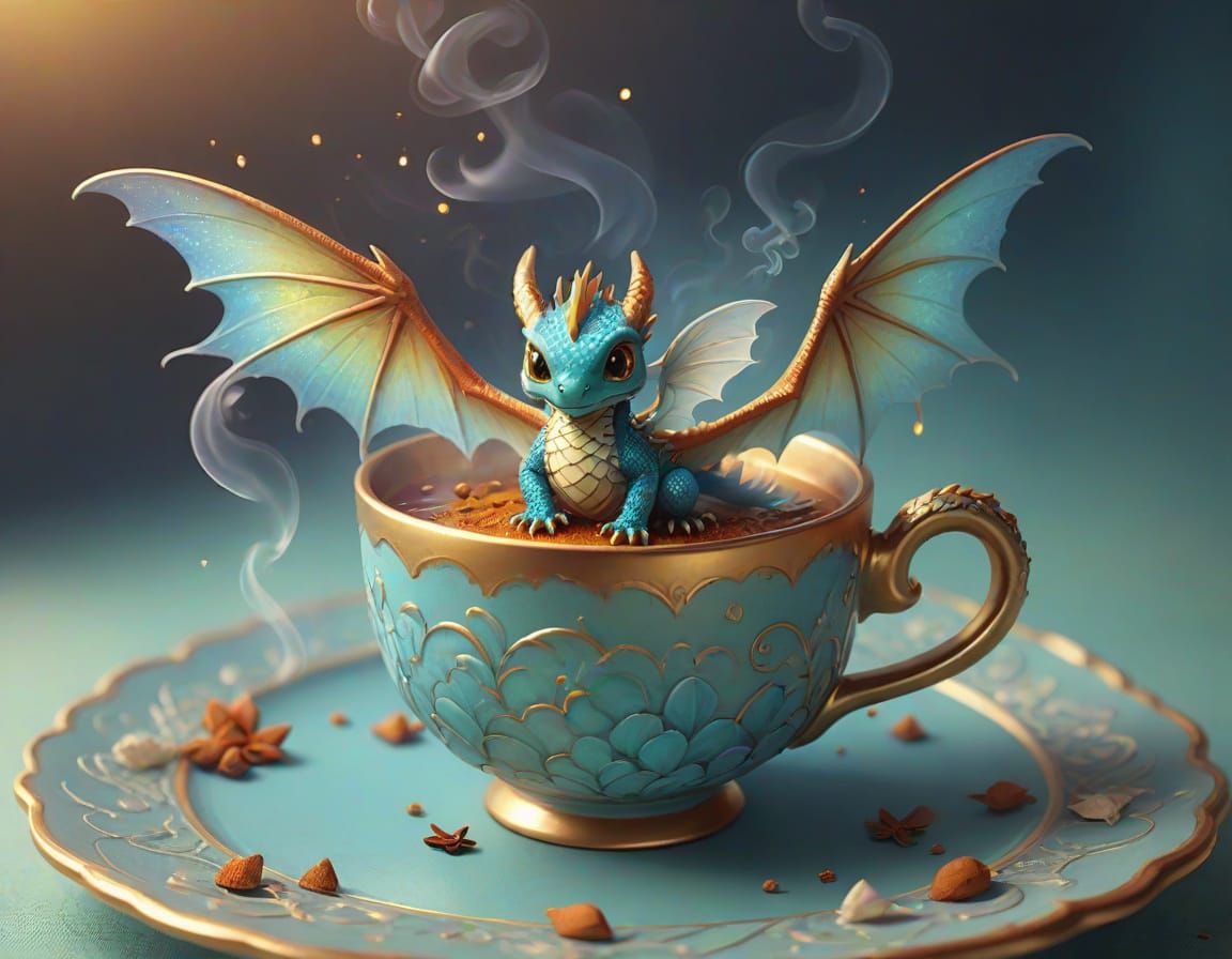 Adorable Tiny Dragon on Tea Cup in Golden Hour