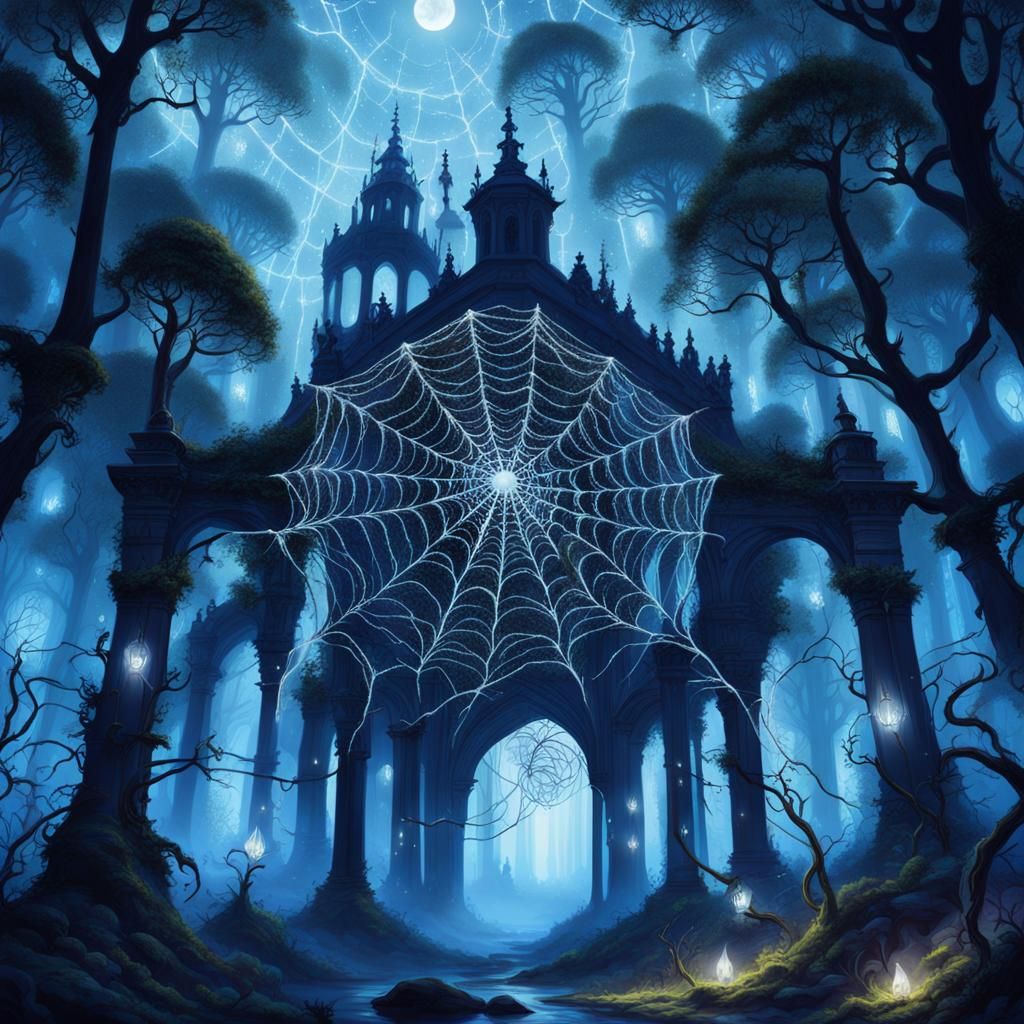 Ethereal Spiders Weaving Webs in a Misty Forest