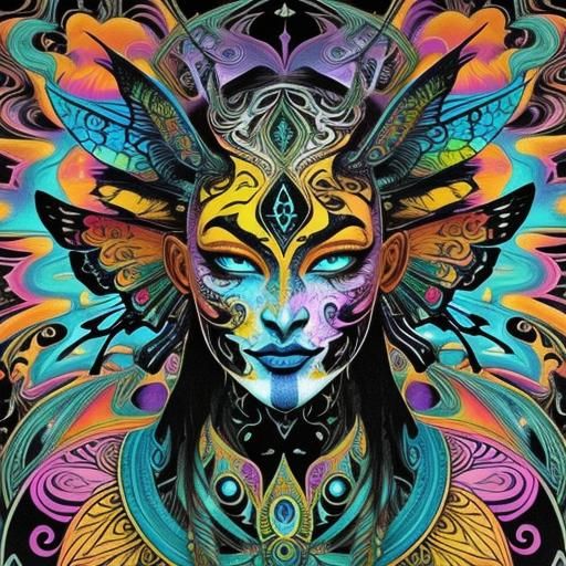 Psychedelic Tribal Monster Face in Detailed Ink Art