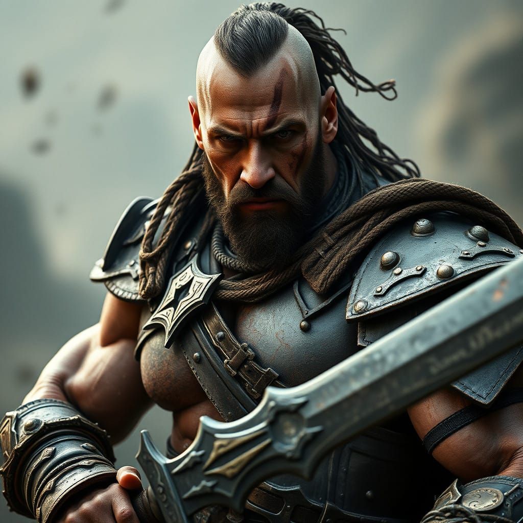 Heroic Barbarian Warrior in Battle-Scarred Armor