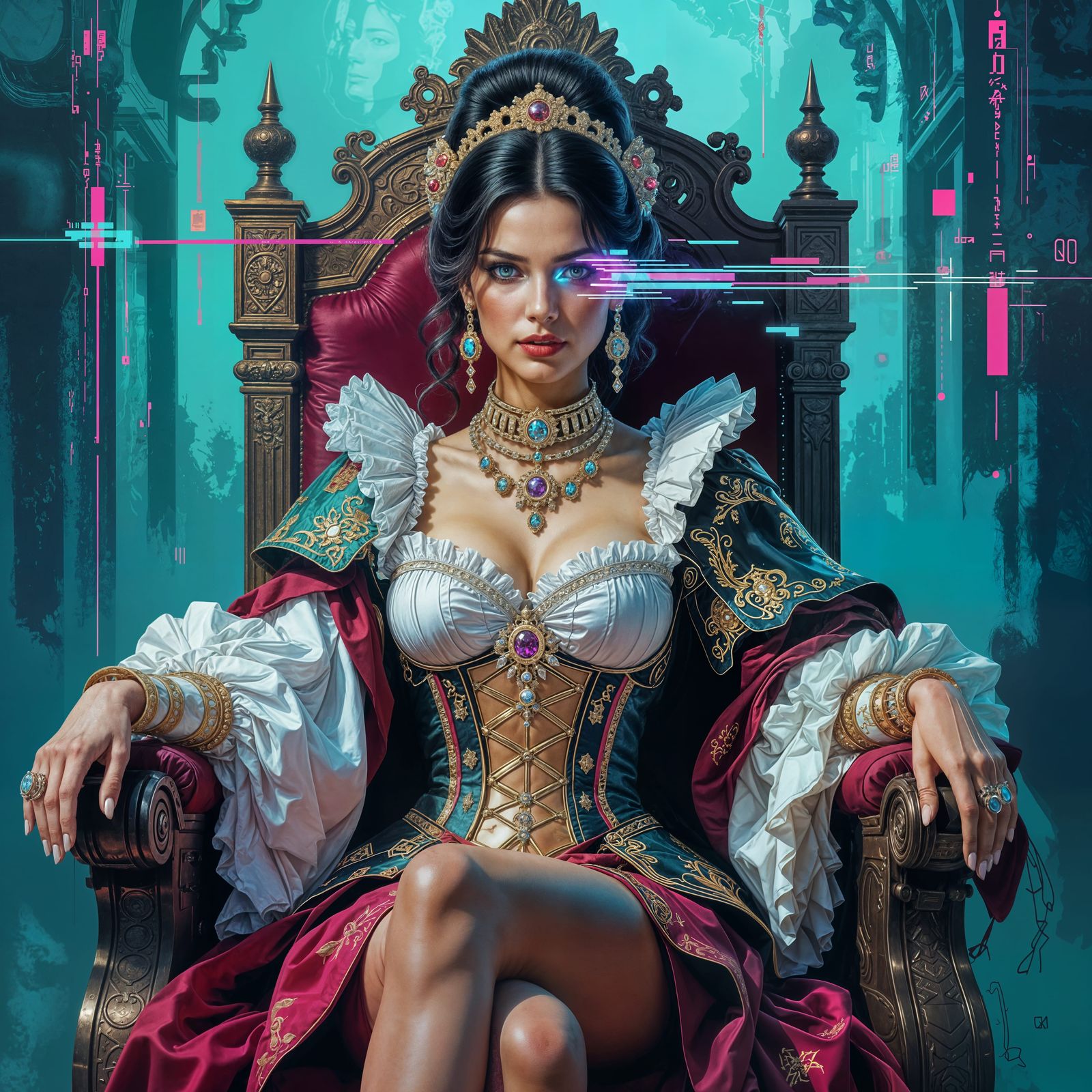 Renaissance Queen with Cyberpunk Glitch Effect
