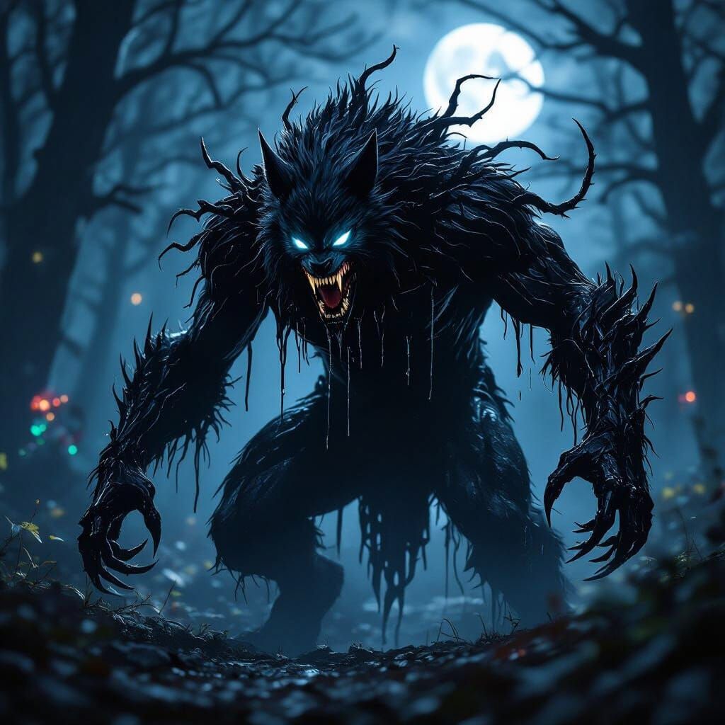 Menacing Symbiote Werewolf in Moonlit Forest