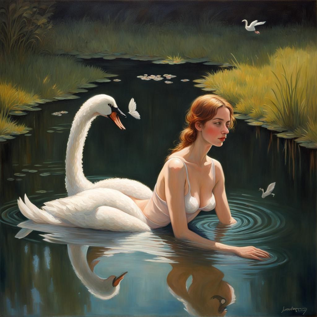Woman and Swan in Pond, Oil Painting Style