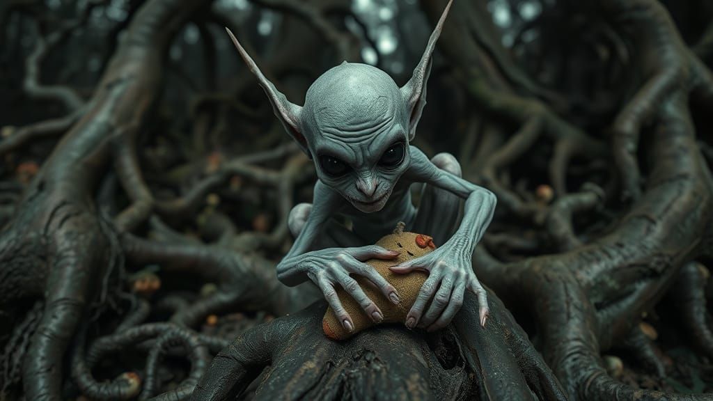 Malicious Pixie in Decaying Forest, Photorealistic Style