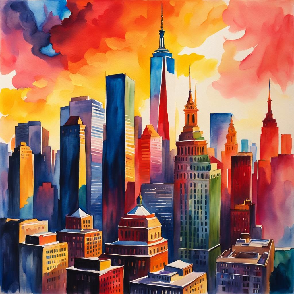 Vibrant Watercolor NYC Skyline in Impressionist Style