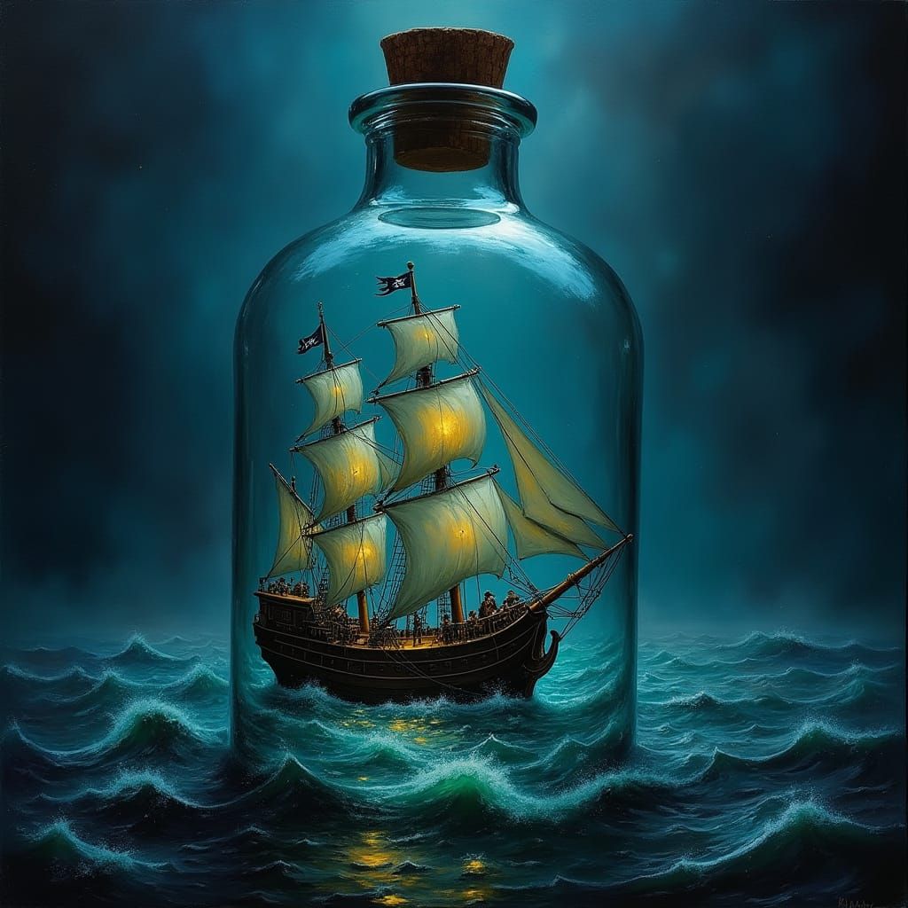 Pirate Ship in a Bottle: Baroque Oil Painting