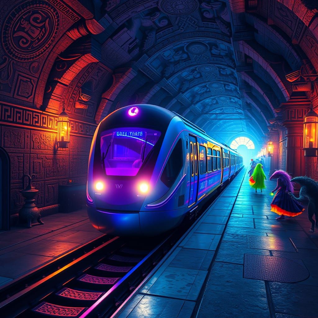 Mystical Subway Train Arrives in Ancient, Glowing Station