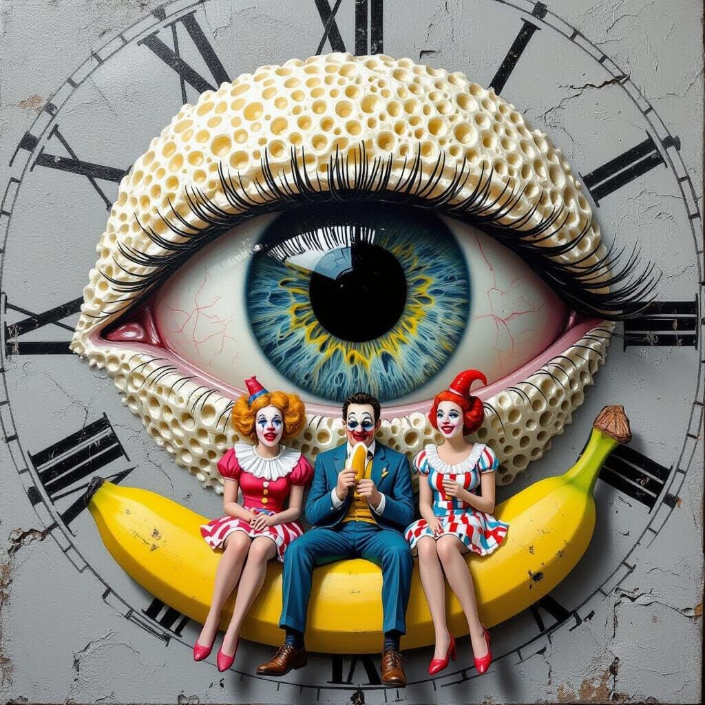 Surreal Clown Couple Eating Bananas Near Giant Foam Pupil