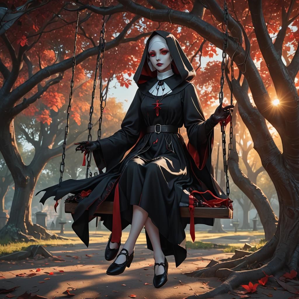 Beautiful Vampire Nun sitting on a swing as the sun sets