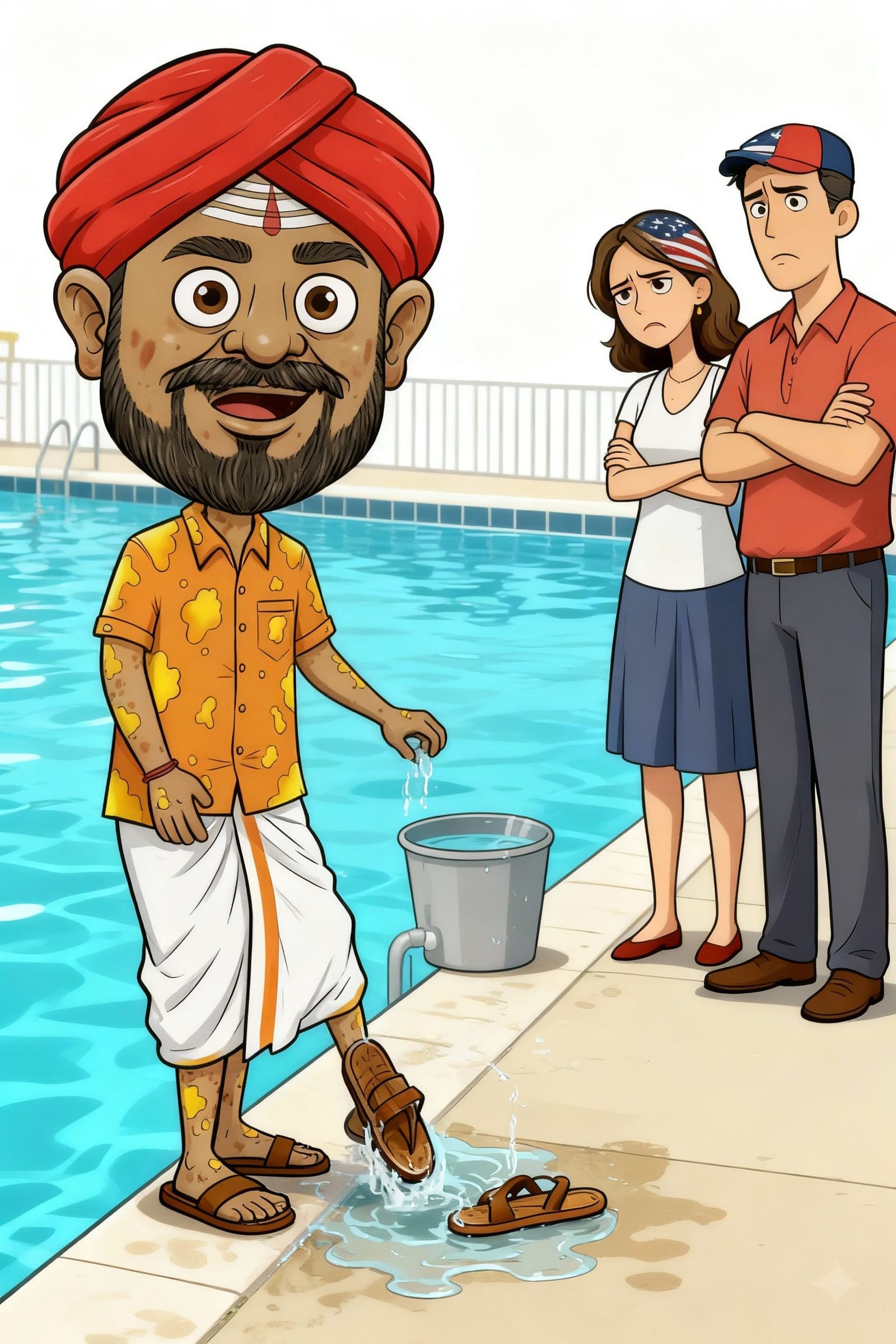 Man Washes Sandals by Pool While Couple Stares