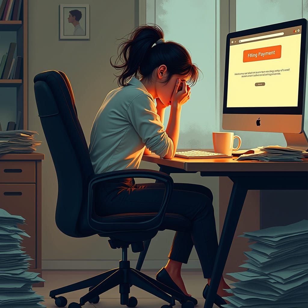 Stressed Young Professional Buried in Frustration