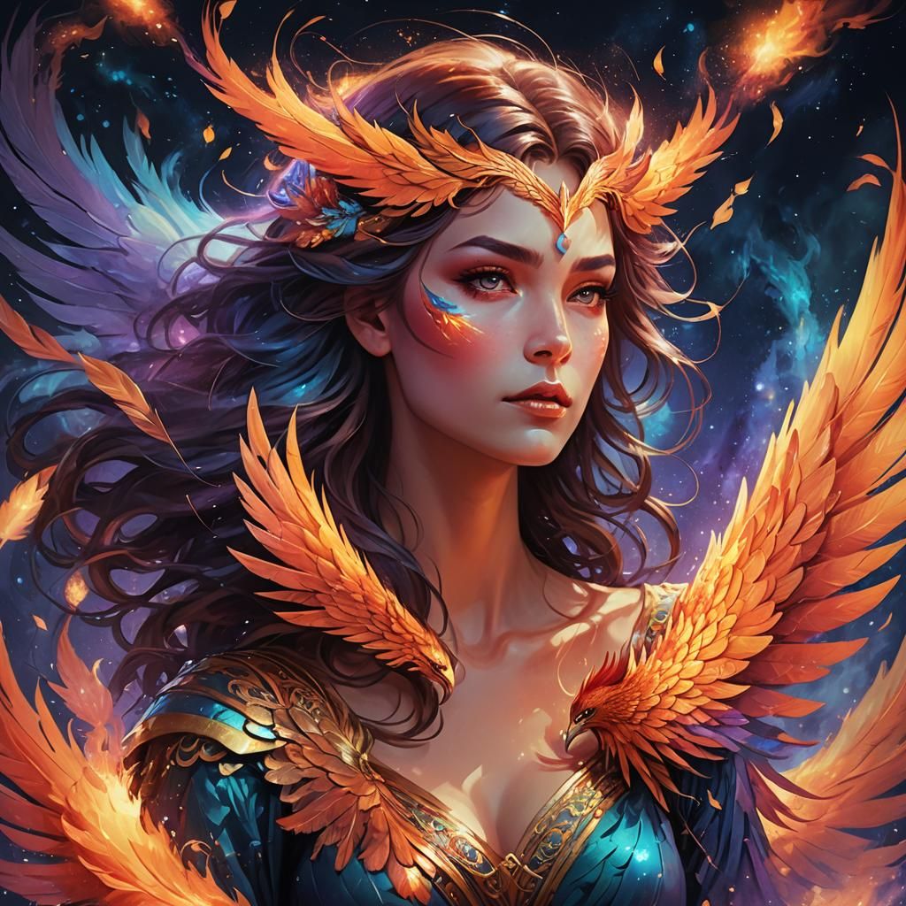 Phoenix Soaring at Night in Digital Triadic Colors