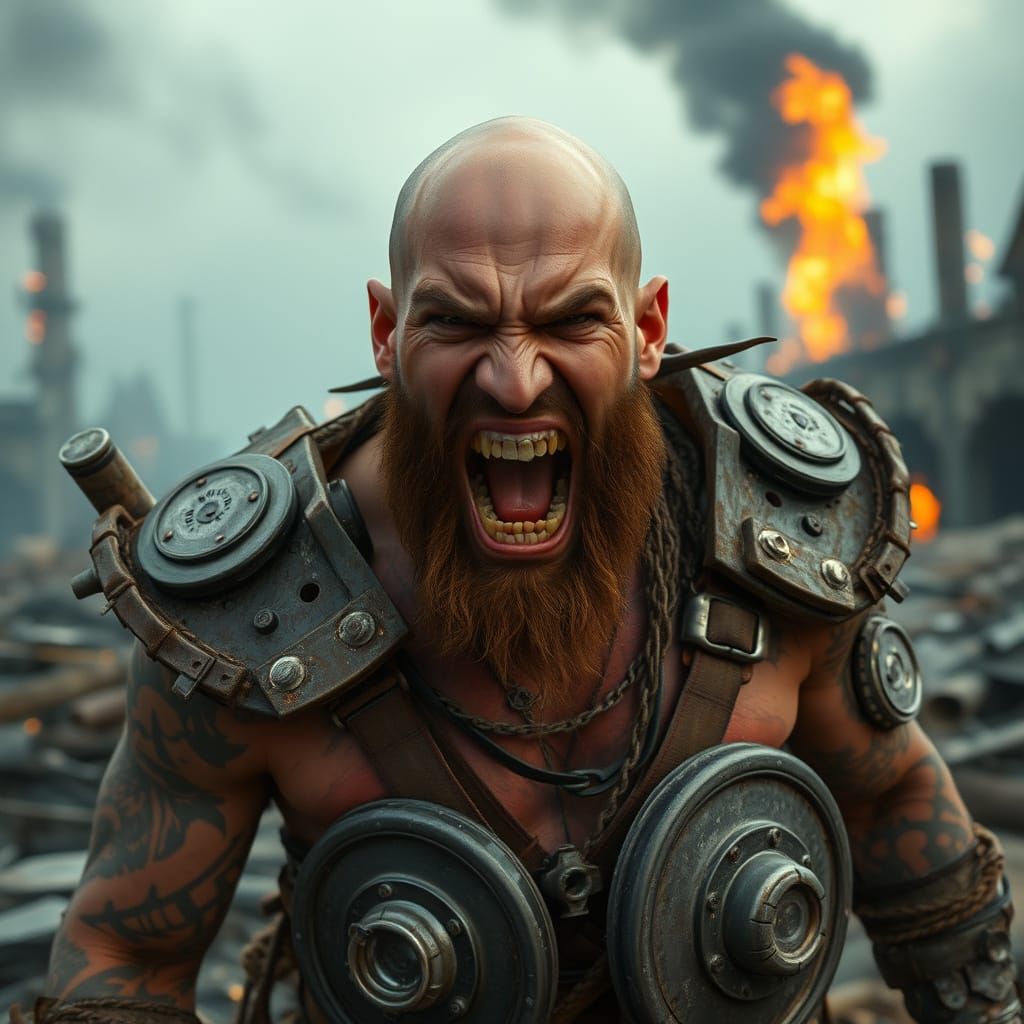 Dieselpunk Barbarian Warrior in Post-Apocalyptic Wasteland
