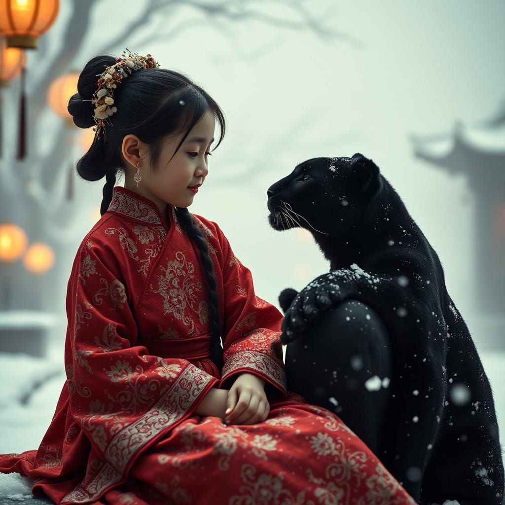 Little Girl Bonds with her Majestic Black Panther in Ancient...