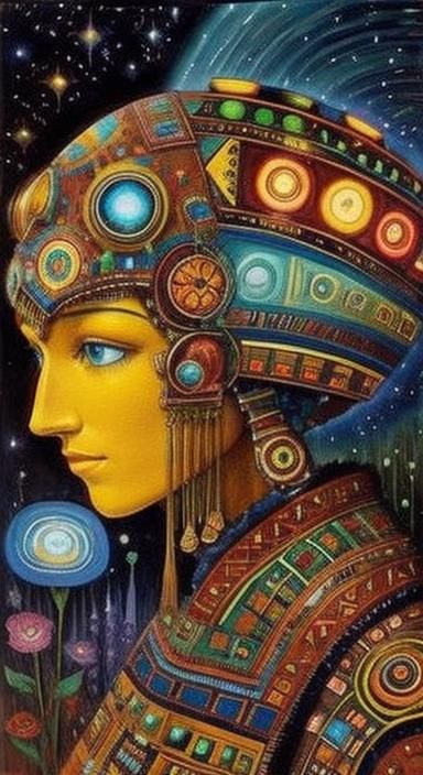 Bioluminescent Aztec Robot with Geometric Patterns