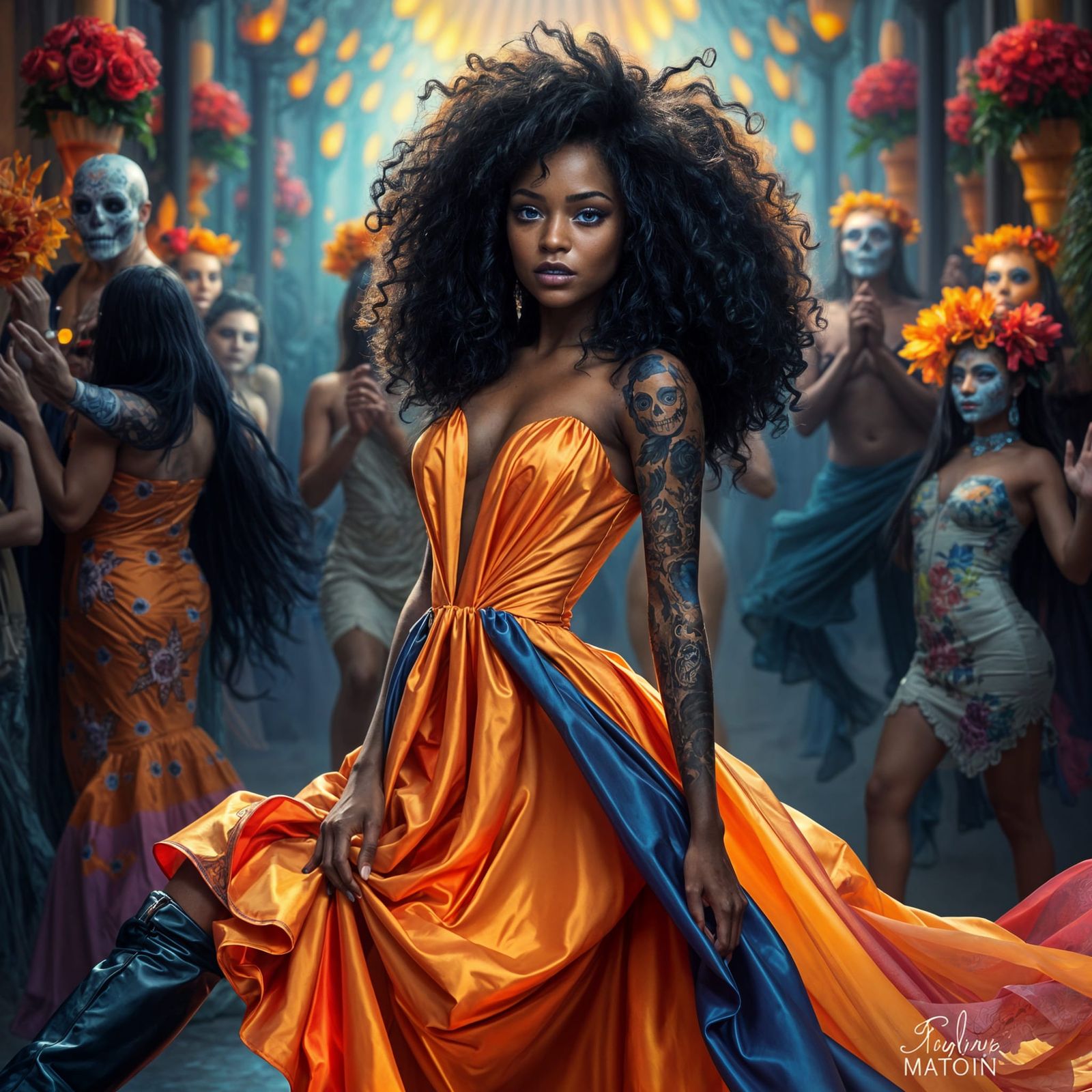 Ebony Woman with Sugar Skull Tattoos in Impressionism Style