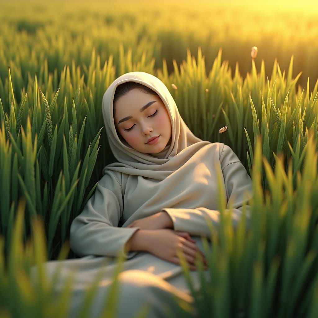 Serene Muslim Woman Sleeping in Paddy Field, 3D Anime Art