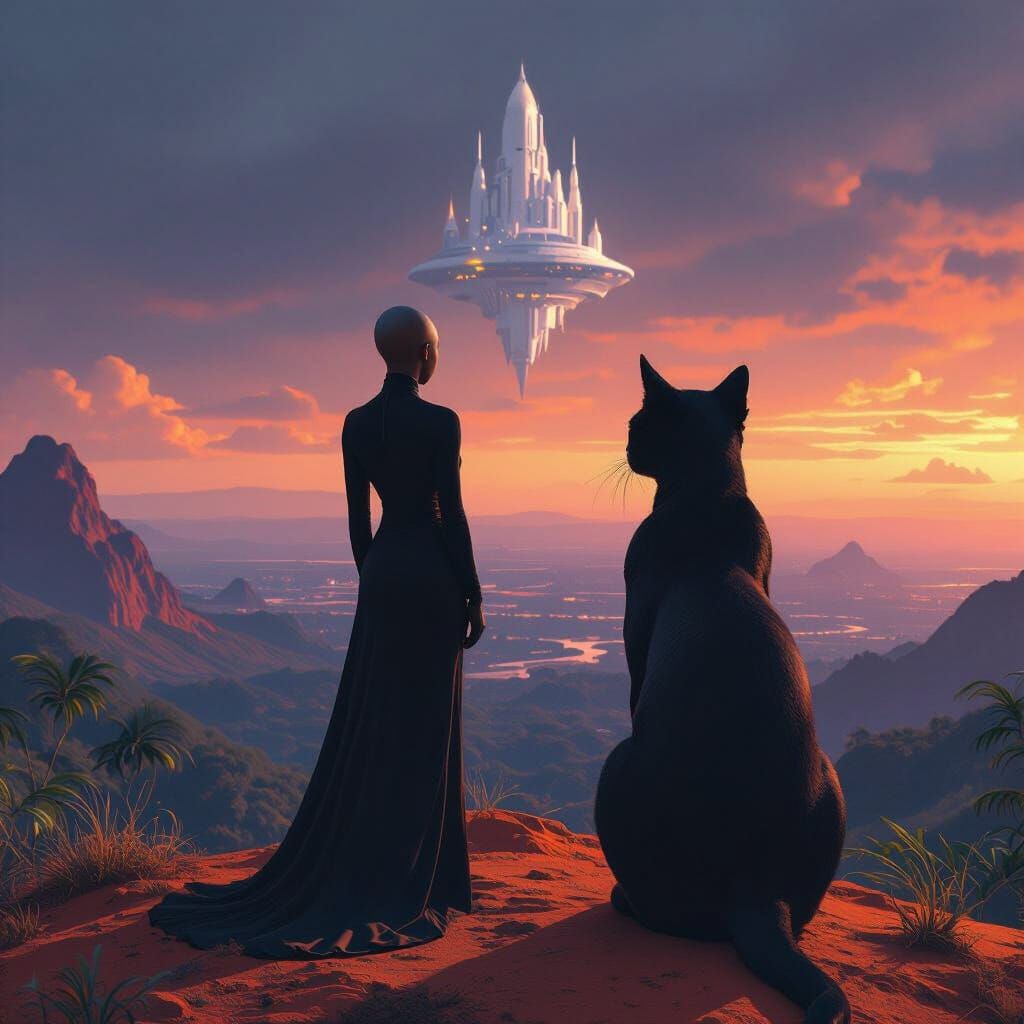 Bald Girl and Giant Cat Overlooking Alien Landscape