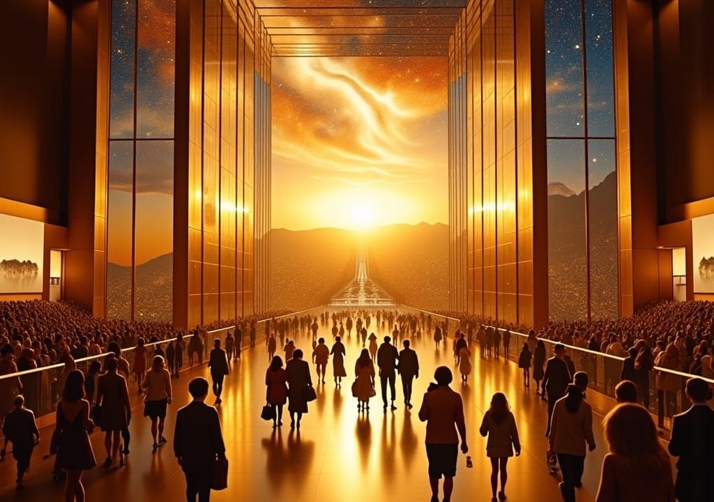 Crowd in Museum with Golden Shimmer and Celestial Sky