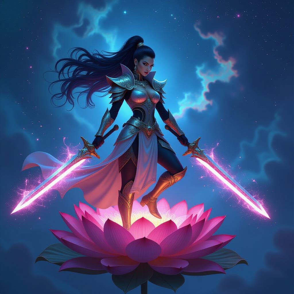 Celestial Warrior on Lotus Flower in Nebula