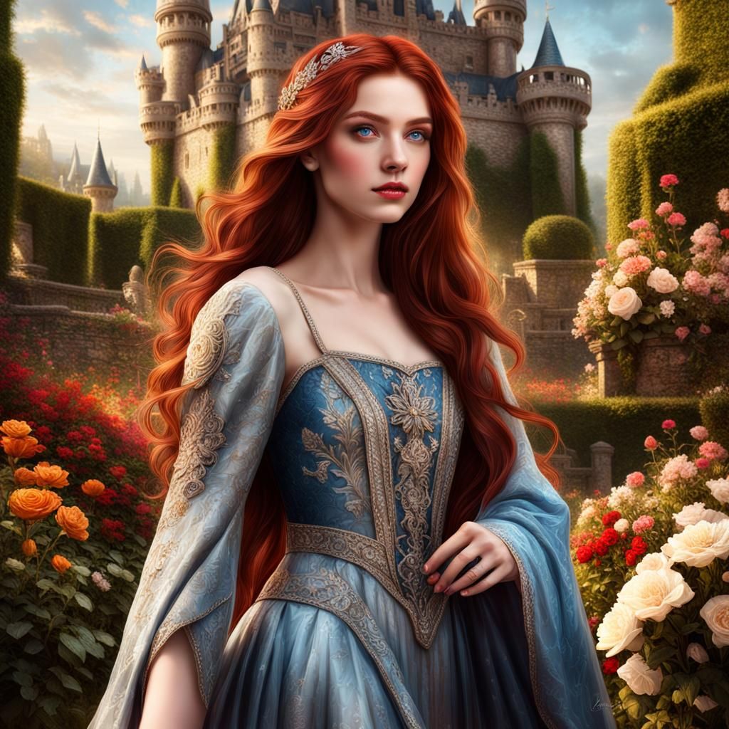 Auburn-Haired Girl in Castle Garden: Digital Painting