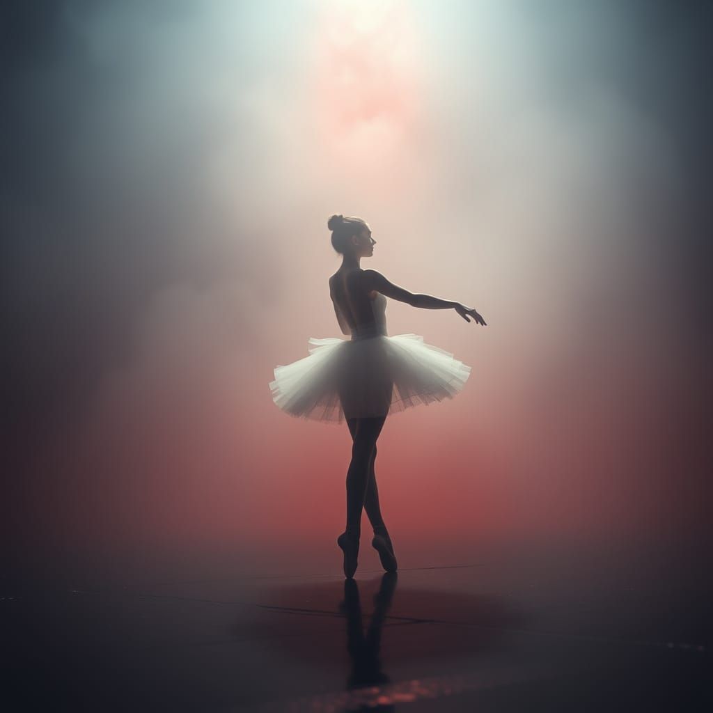 A ballerina stands alone in thick, heavy fog, performing a p...