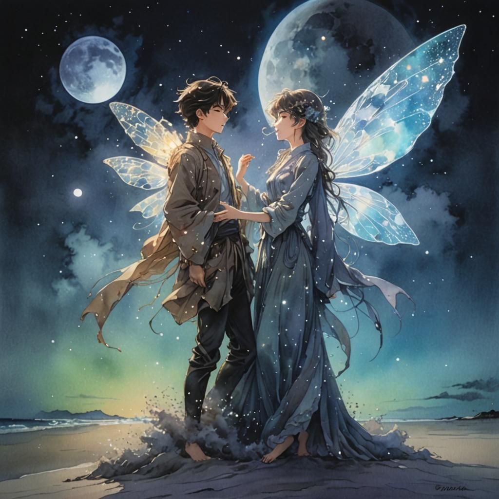 Magical Moonlit Beach Dance: 80s Anime Watercolor