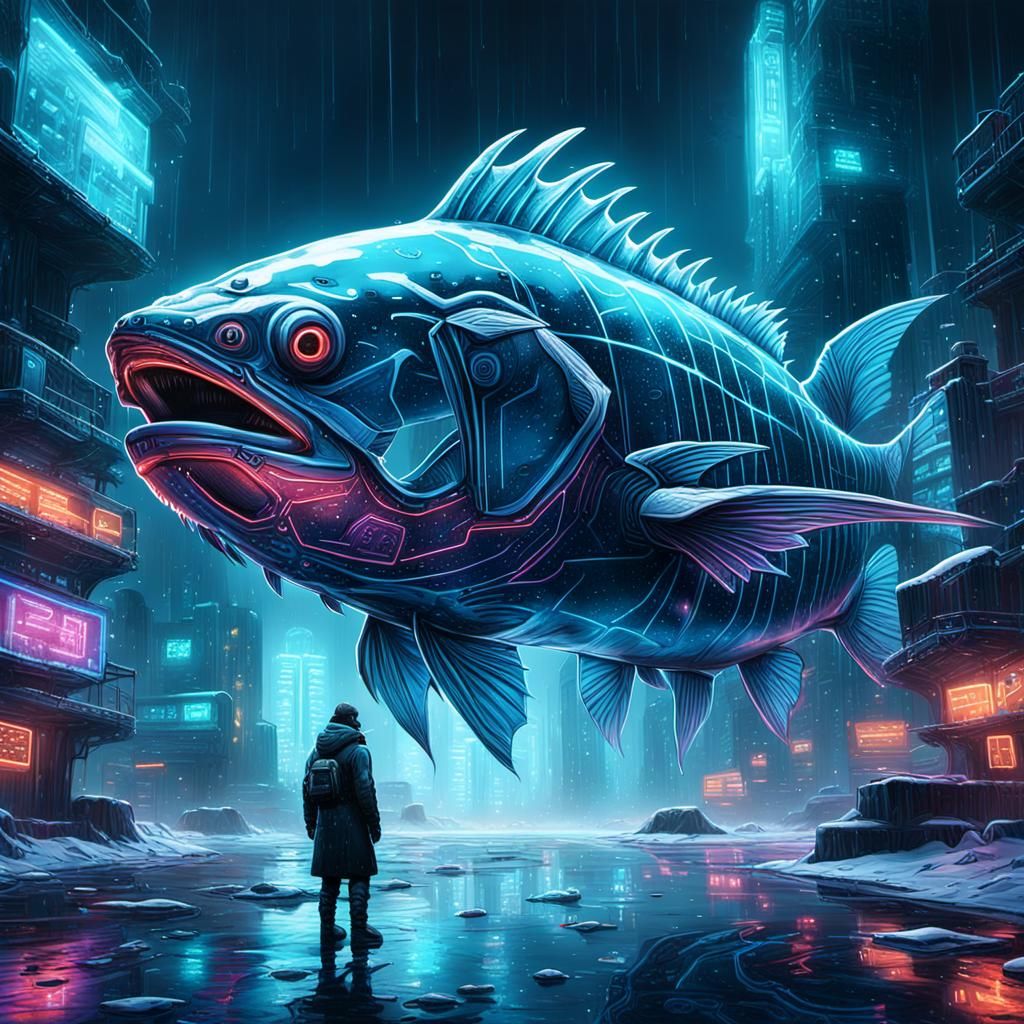 Cyberpunk Fish Frozen Above Neon Cityscape