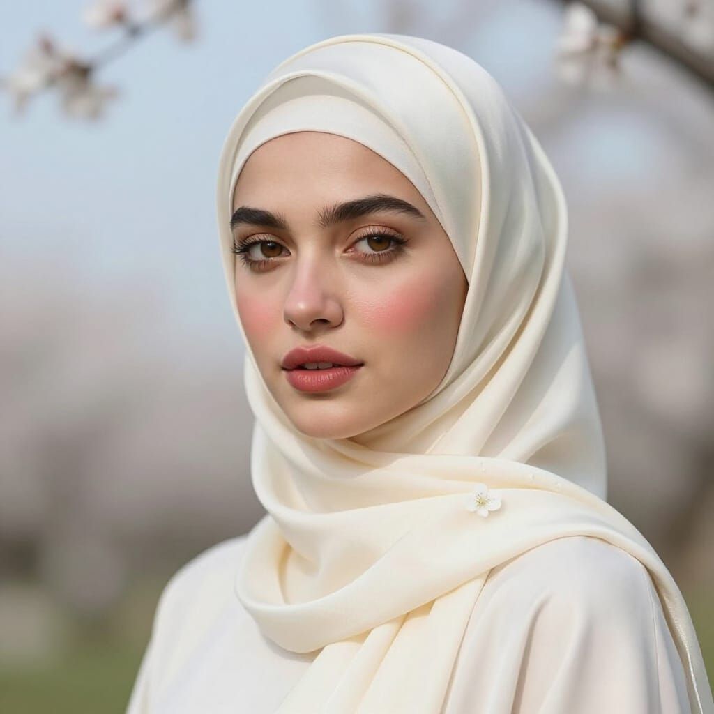Cinematic Portrait of Woman in Silk Hijab with Flowers